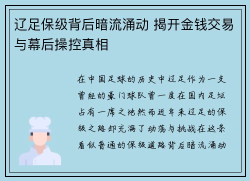 辽足保级背后暗流涌动 揭开金钱交易与幕后操控真相 辽足保级背后暗流涌动 揭开金钱交易与幕后操控真相