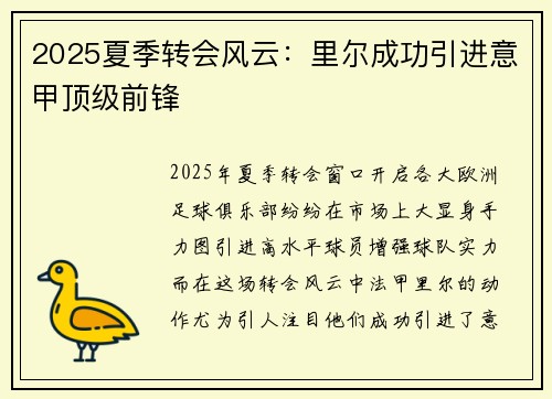 2025夏季转会风云：里尔成功引进意甲顶级前锋